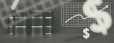 Yakıt varil, grafik ve usd işareti, siyah arka plan. 3d illüstrasyon