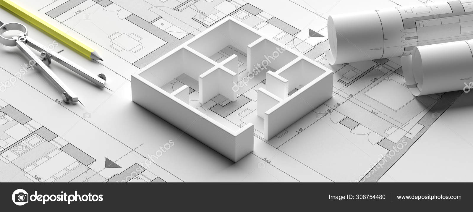 Residential Building Blueprint Plans And House Model Banner 3d Illustration Stock Photo C Gioiak2