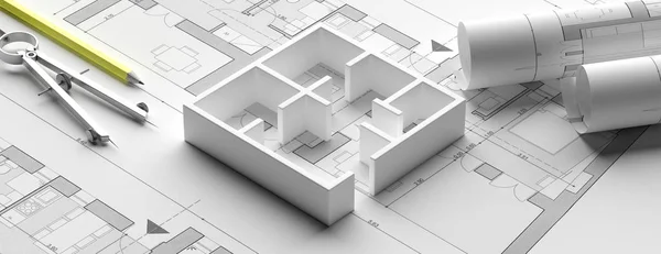 Planos planos del edificio residencial y modelo de casa, pancarta. ilustración 3d —  Fotos de Stock