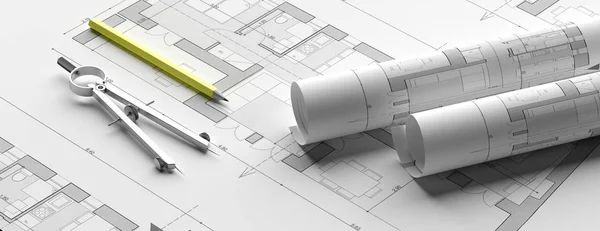 Planos de construção residencial, banner. ilustração 3d — Fotografia de Stock