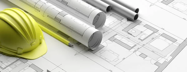 Residential building blueprint plans, banner. 3d illustration — Stock Photo, Image