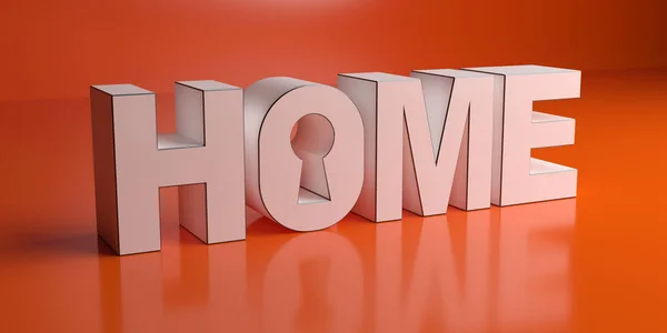 Tekst domowy białe litery i otwór na klucz przed kolorem pomarańczowym tle. ilustracja 3D — Zdjęcie stockowe