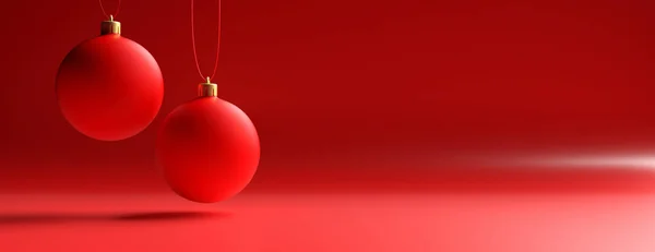 Bolas de Navidad contra fondo curvo de color rojo, bandera. ilustración 3d —  Fotos de Stock