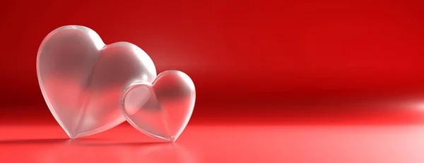 Corazones de vidrio blanco sobre fondo rojo. ilustración 3d —  Fotos de Stock