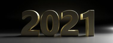 2020 Yeni Yıl. Parlak altın işareti, siyah arka planda 2021 numara. 3d illüstrasyon