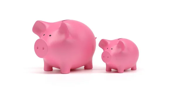 크고 작은 돼지 은행 이 백인들 과 격리되어 있습니다. 3D 삽화 — 스톡 사진