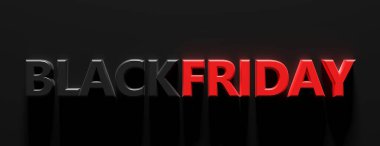 Siyah arkaplana karşı kırmızı ve siyah renkli Kara Cuma metinleri. 3d illüstrasyon