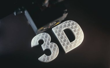 3D printers. 3D text white color ABS against black background, clipart