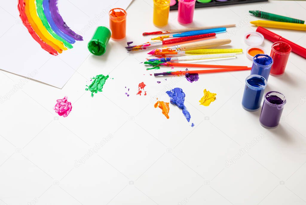 Colorful finger paints set on white color background