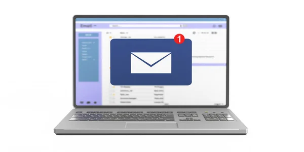 电子邮件通知的概念 一个新的收件箱电子邮件 信封与传入的消息在计算机笔记本电脑屏幕上隔离截断白色背景 3D说明 — 图库照片