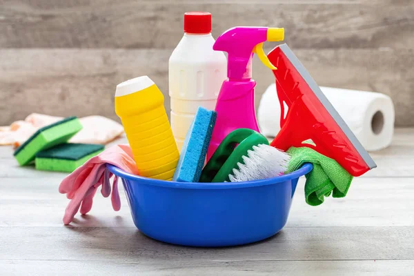 Productos Limpieza Suelo Fondo Interior Del Hogar Frascos Detergente Químico — Foto de Stock