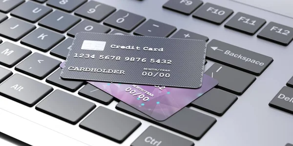 Online Shopping Payment Concept Credit Cards Computer Laptop Keyboard Background — Stock Photo, Image