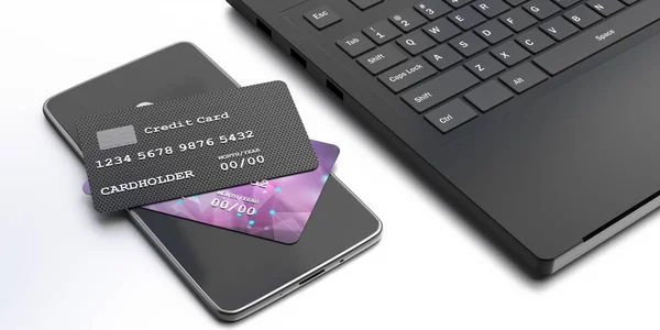 Online Shopping Payment Concept Credit Cards Mobile Phone Computer Laptop — Stock Photo, Image