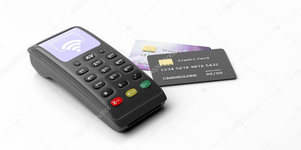 POS terminal, payment device and credit cards isolated on white background. Shopping NFC bank payments machine. 3d illustration