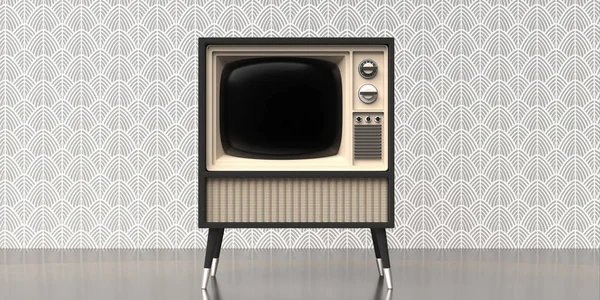 TV art deco home. Retro old television on stand, old fashioned vintage wallpaper, room floor wall background, template. 3d illustration