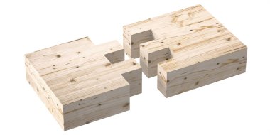 Tahta kutu dansı, dovetail bağlantısı konsepti. Beyaz arka planda izole edilmiş parmak eklemleri ile birleştirmek için ayrı odun işleri. 3d illüstrasyon