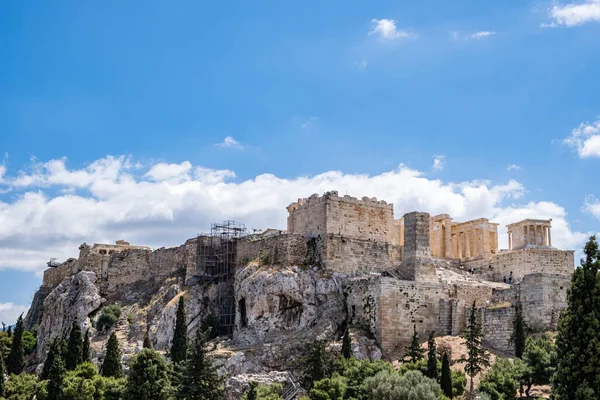 Atene Grecia Acropoli Roccia Porta Propilea Vista Dalla Collina Areopago — Foto Stock