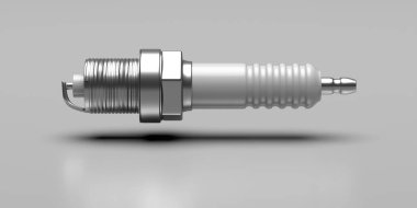 Gri arkaplanda buji var. Araba ve motosiklet parçası gölgelerle uçuyor. Yeni otomobil bakım aksesuarları. 3d illüstrasyon