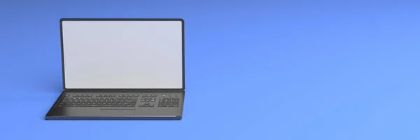 笔记本电脑空白Sreen模板 计算机打开前视图 空白屏上蓝色背景 复制空间 3D说明 — 图库照片