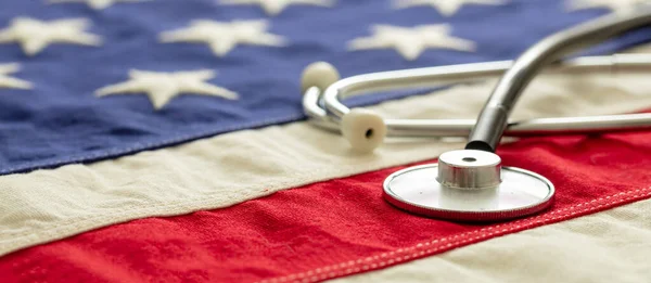 Usa Health Care Medical Stethoscope America Flag Closeup View Banner — Stock Photo, Image