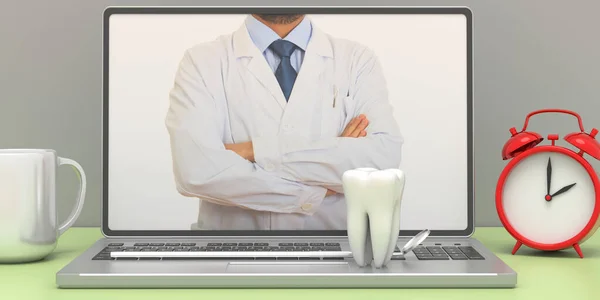 Dentist Laptop Computer Screen Office Desk Background Telemedicine Remote Tooth — Stock Photo, Image
