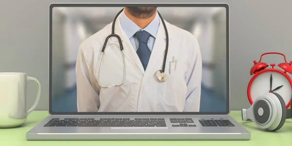 Telemedicine Concept Doctor Medical Stethoscope Laptop Computer Screen Office Desk — Stock Photo, Image