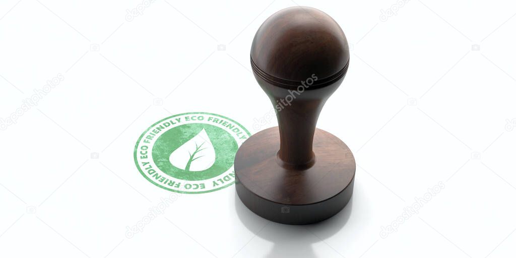 ECO FRIENDLY stamp. Wooden round rubber stamper and stamp with text eco friendly isolated on white background. 3d illustration