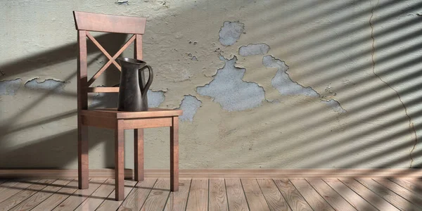 クラシックな木製の椅子に金属製のジャグ ホームルームのインテリア 剥がれ落ち壁や木製の床の背景 コピースペース 3Dイラスト — ストック写真