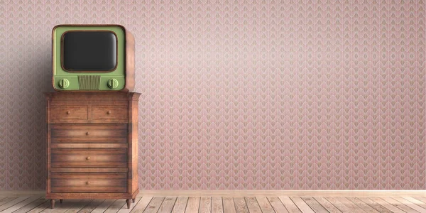 自宅のリビングルームのインテリア 木製の引き出しの胸にヴィンテージテレビ アートデコスタイルの壁紙や木製の床の背景 コピースペース テンプレート 3Dイラスト — ストック写真
