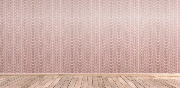 Art deco home interior background, empty room, red pattern wallpaper and wooden floor, old fashioned wall template, 3d illustration