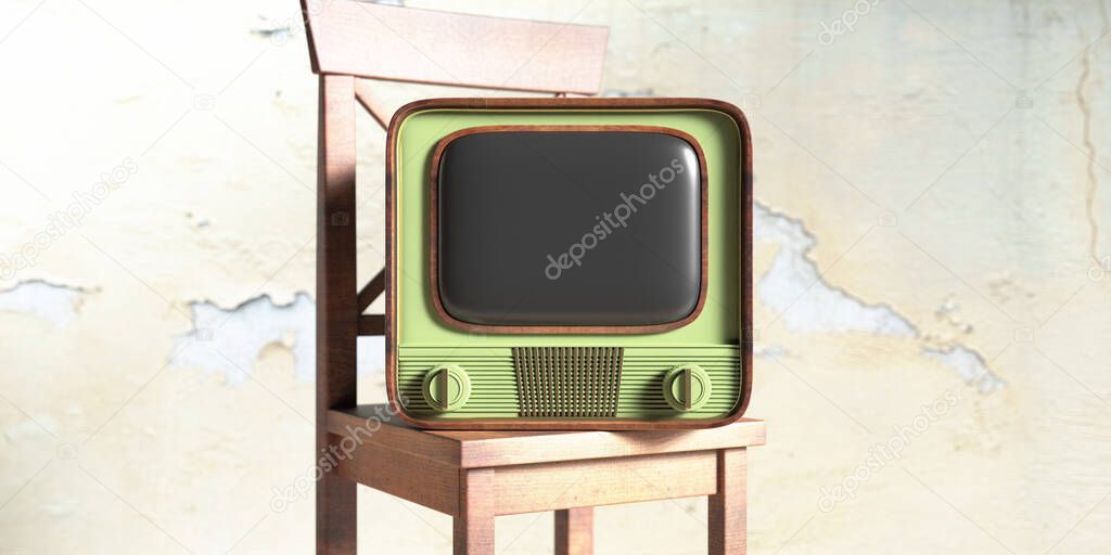Vintage TV on a wooden chair, faded wall background. Old fashioned interior room. 3d illustration