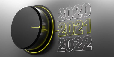 2021 yeni yıl değişimi. Döner anahtar için siyah renkli düğme ve gri arka plan için sarı ölçek, doku. Gösterge 2021 'i gösteriyor. Pankart. 3d illüstrasyon