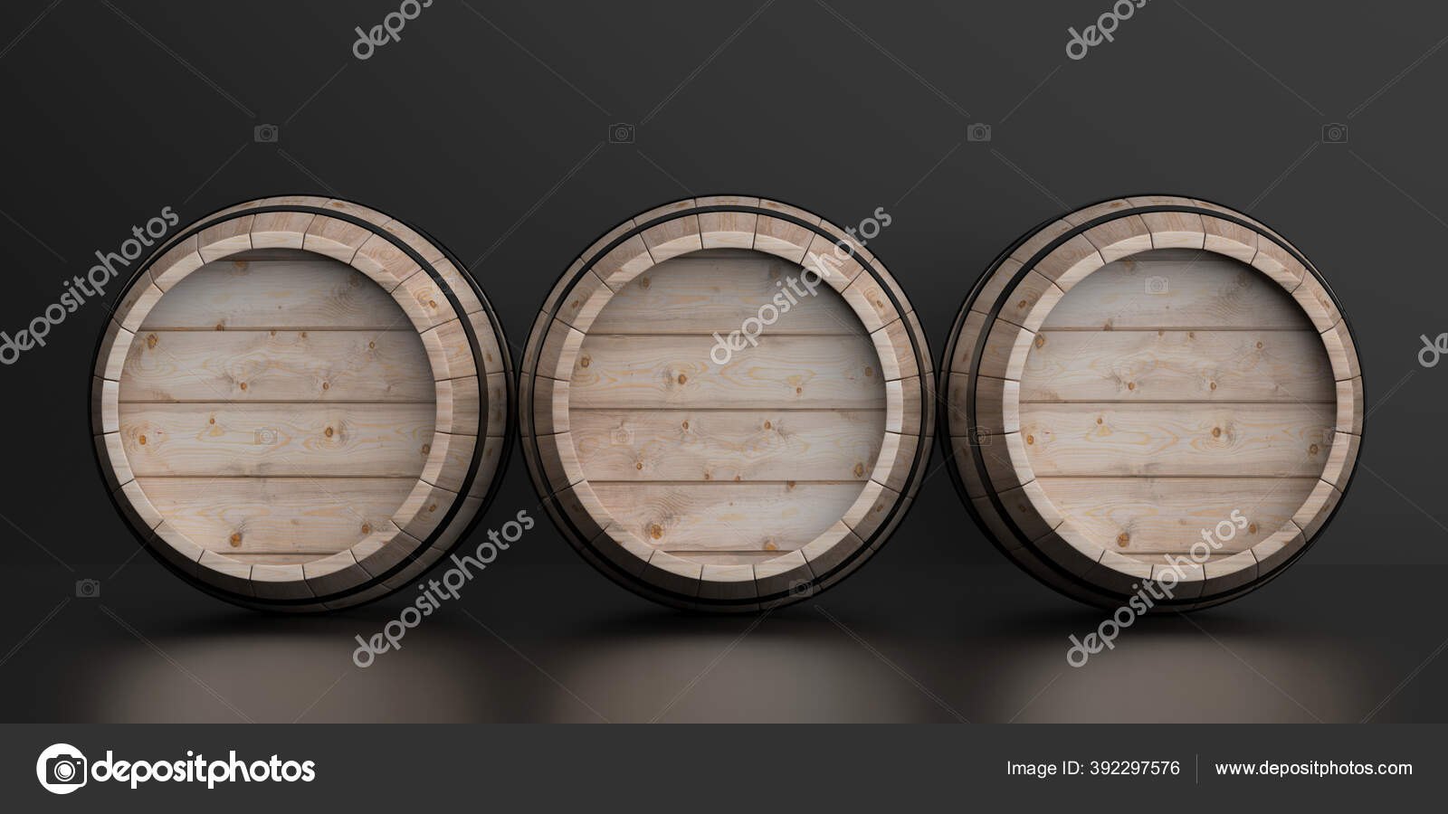 Три Деревянных Бочки Темно Сером Черном Фоне Вино Шаблон Пивного.