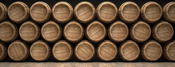 Winemaking Storage Concept Old Barrels Stacked Wooden Floor Black Background — Stock Photo, Image