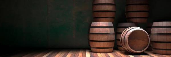 Weinbereitung Weinlagerungskonzept Alte Hölzerne Alkoholfässer Auf Kellerhintergrund Kopierraum Banner Illustration — Stockfoto