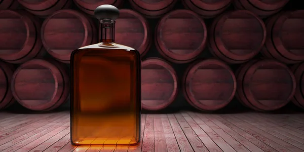 Butelka Whisky Lub Koniaku Drewnianej Podłodze Ułożone Beczki Tło Piwnicy — Zdjęcie stockowe