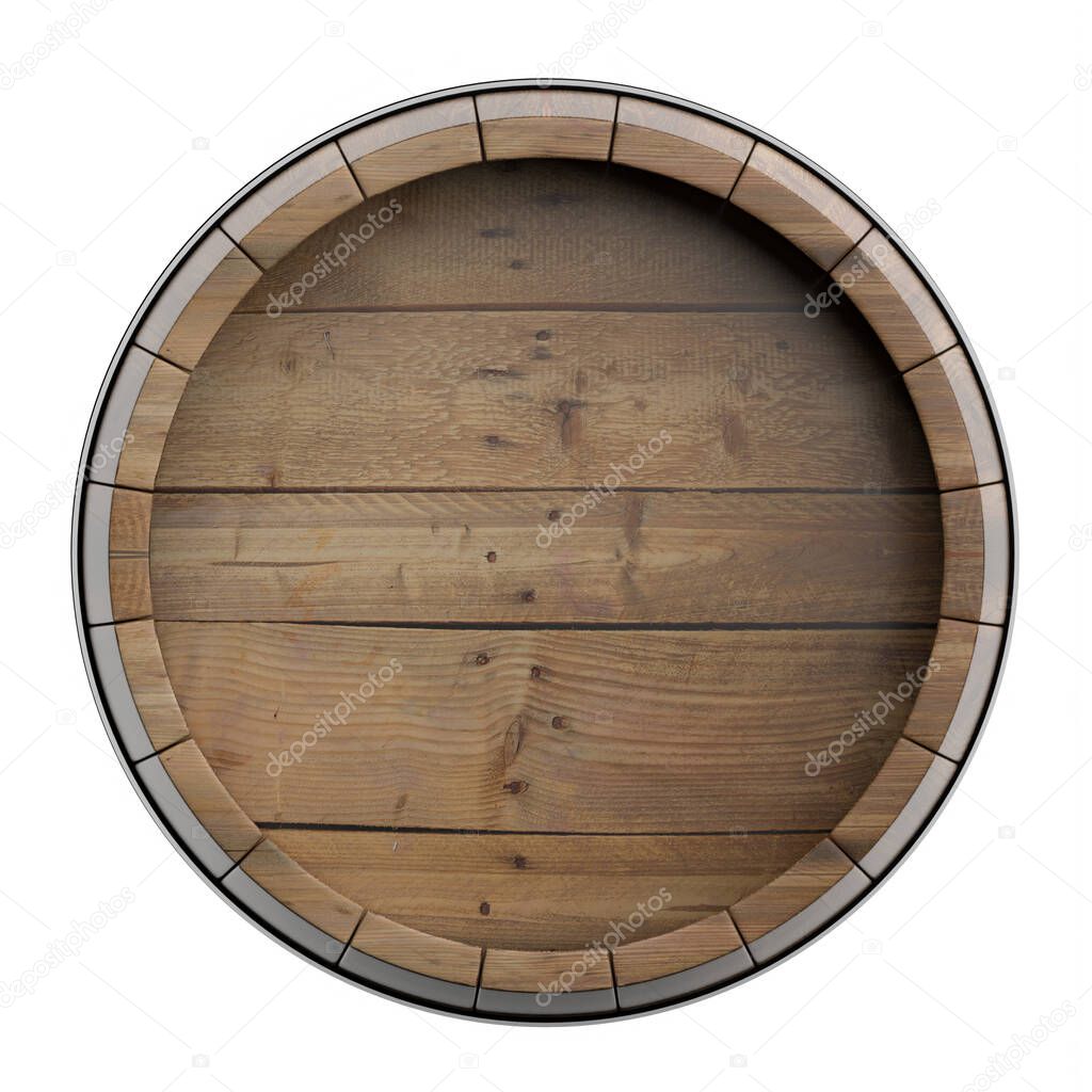 Whiskey, bourbon cellar concept.. Wooden barrel top isolated on white background. Wine, beer alcohol distilery template, copy space. 3d illustration