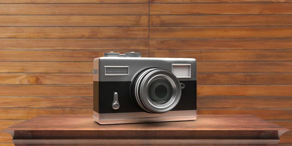 写真カメラのヴィンテージスタイル 木製の背景にレトロな昔ながらのカメラ コピースペース 3Dイラスト — ストック写真