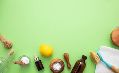 Çevre temizliği. Temizlik ürünleri ev yapımı güvenli, zararsız düz yatak, kabartma tozu, limon sirkesi ve yeşil arka planda taze çiçekler.,