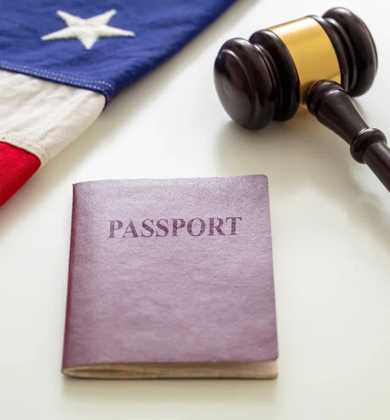 Passport Law Gavel Usa Flag White Background Closeup View Immigration — Stock Photo, Image