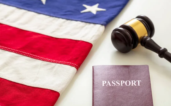 Passport Law Gavel Usa Flag White Background Closeup View Immigration — Stock Photo, Image