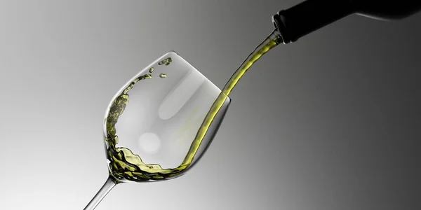 ワインを注ぐ ワインボトルの結晶ワイングラスに白ワインを注ぐ グラデーショングレーの色の背景 クローズアップビュー 3Dイラスト — ストック写真
