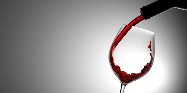 赤ワインを注ぐ ワインボトルの結晶ワイングラスに赤ワインを注ぐ グラデーショングレーの色の背景 クローズアップビュー 3Dイラスト — ストック写真