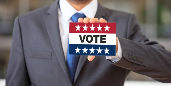 Usa Elections Man Holding Card Vote Text Message American Flag — Stock Photo, Image