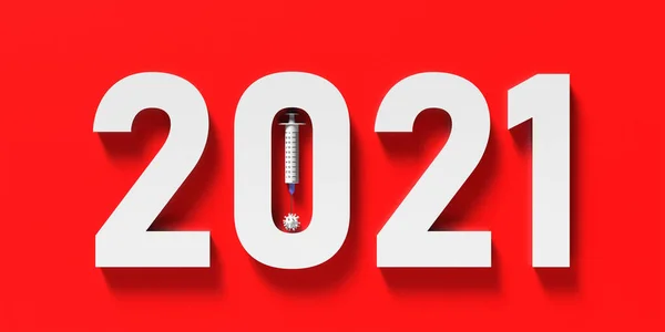 2021 코로나 바이러스 백신에 의료용 주사기와 2021은 배경에 분리되어 — 스톡 사진