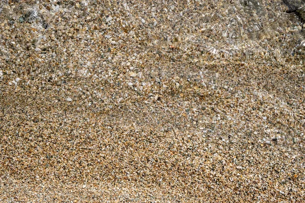 Small pebbles and sand seabed background texture under clear crystal shallow sea water, top view.