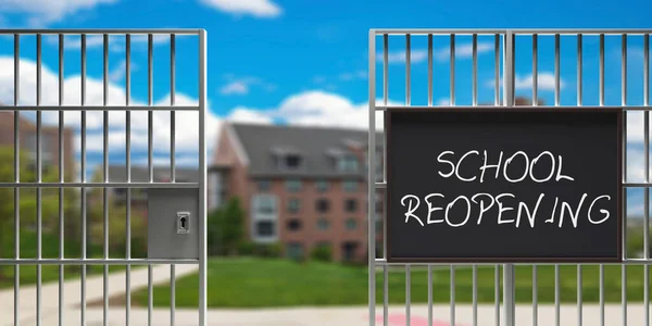 School at Coronavirus days. SCHOOL REOPENING  text message sign on metal fence, open door gate, blur buildings background, 3d illustration