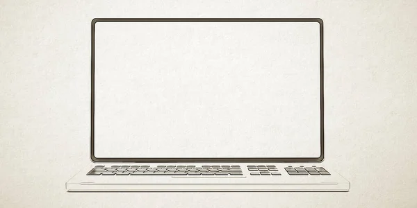 現代のラップトップ漫画 空白の画面 テンプレートのコピースペース キーボード付きポータブルデバイス 白の色ラフ紙の背景の黒アウトライン — ストック写真