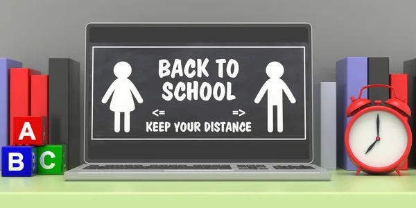 Back Schoool Keep Your Distance Sms Ekranie Laptopa Tło Biurko — Zdjęcie stockowe