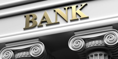 BANK, bina giriş tabelası. İki sütun, beyaz taş mermer, iyonik ritim sütunlarından oluşan antik Yunan mimarisi, altın renkli metal harflerden oluşan banka metin sözcüğü. 3d illüstrasyon